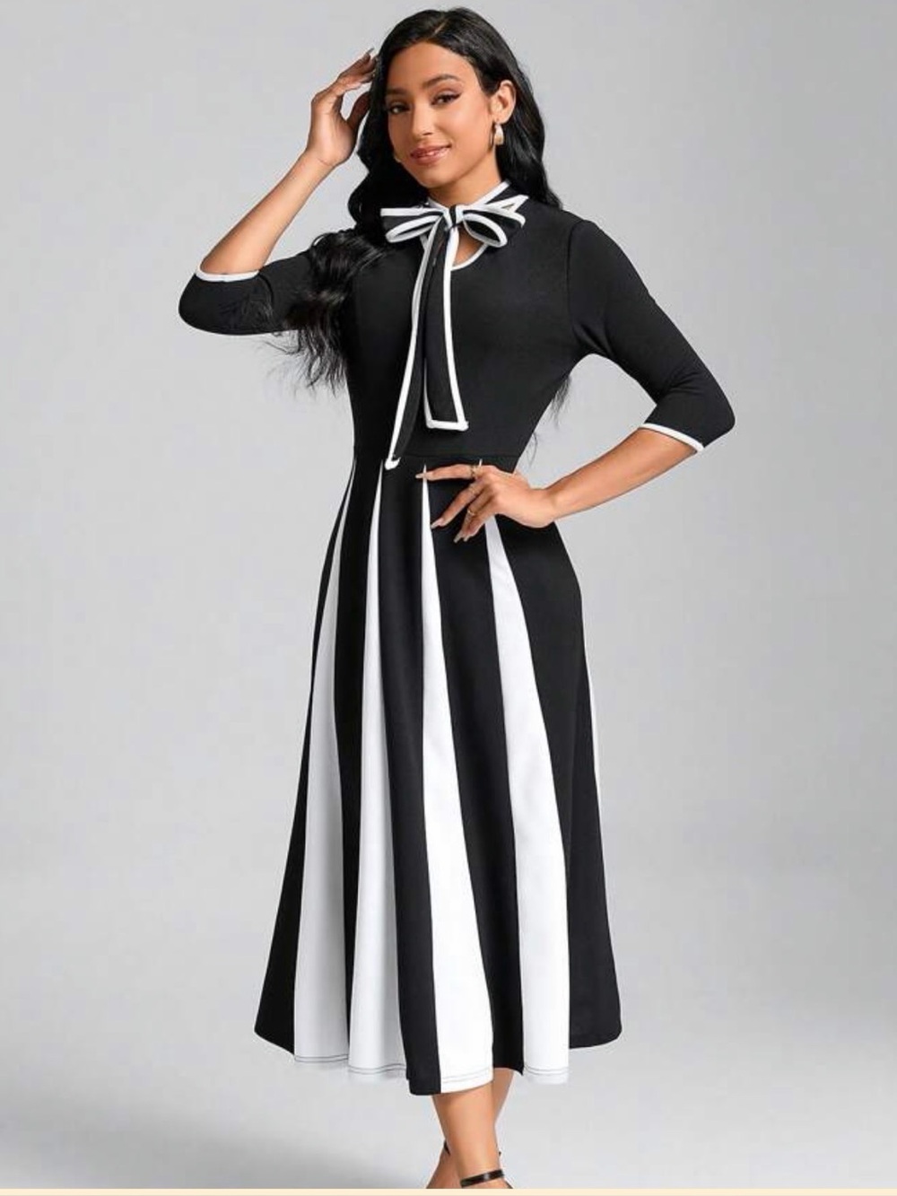 New York & Company Black and White Tie-Neck Striped Midi Dress